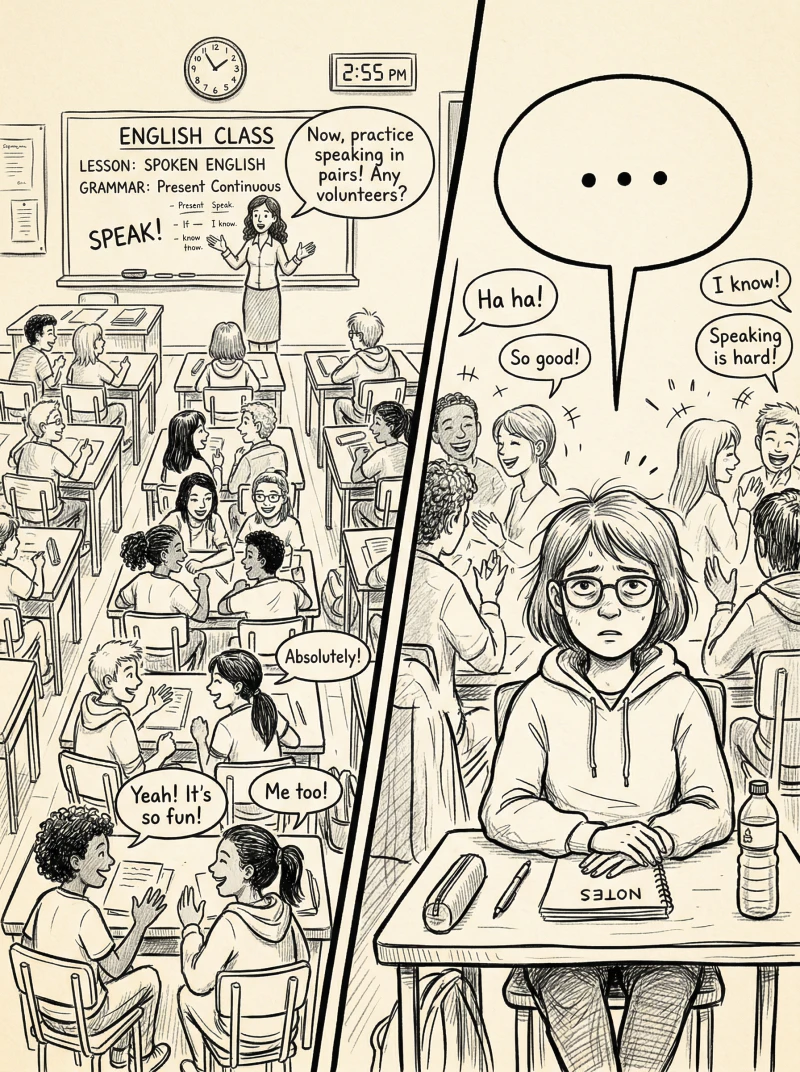 Person stuck learning English from theory courses