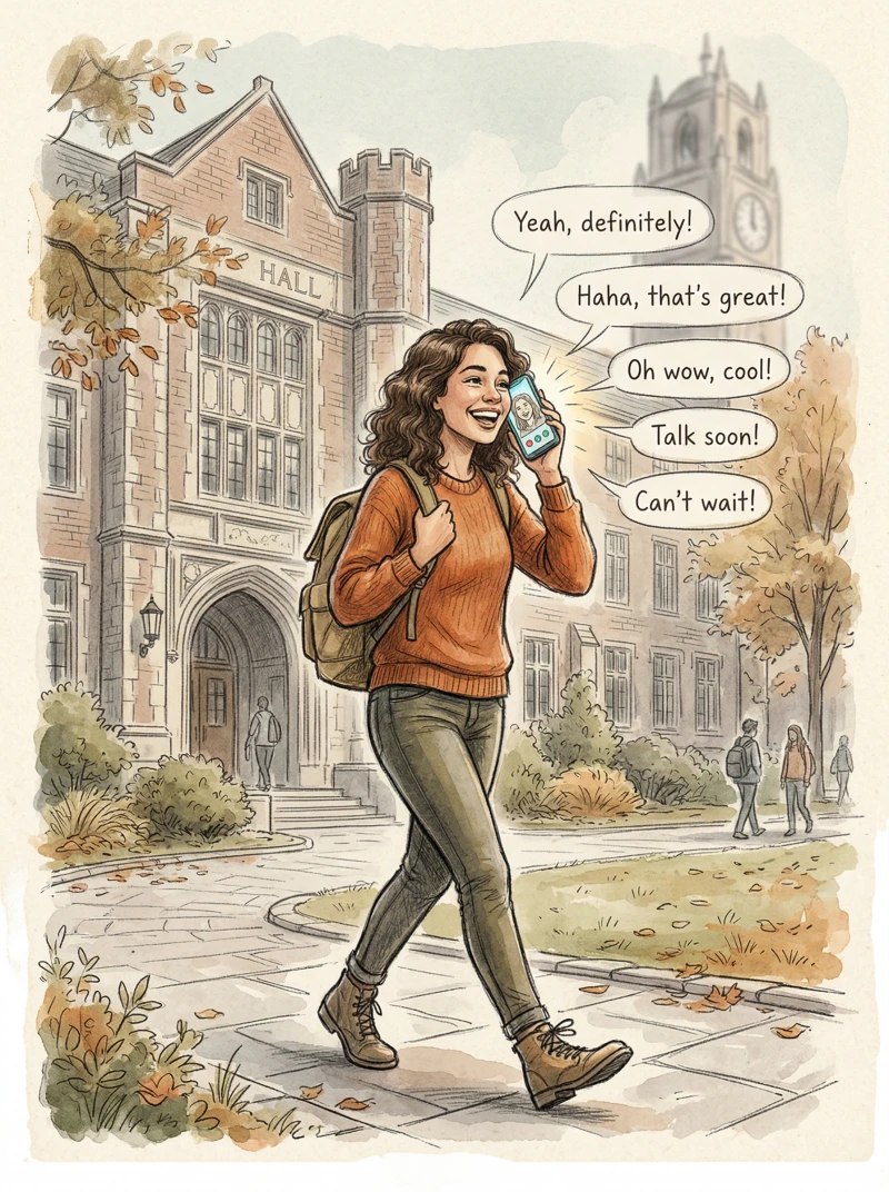 Person walking past classroom, happily practicing English on phone