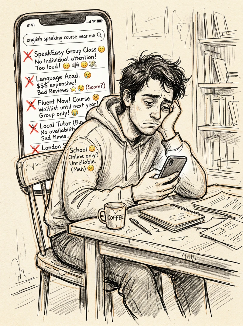 Person frustrated searching for english speaking course near me