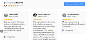 EngVarta Google Play user reviews screenshot showing 4.4 star rating from 9,100+ users for English speaking practice app