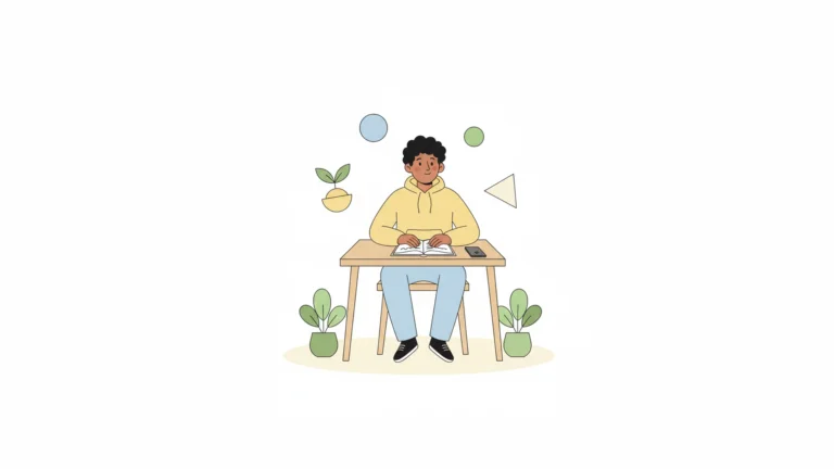 Indian beginner at desk with sprouting plant and floating shapes — best English speaking course for absolute beginners 2026