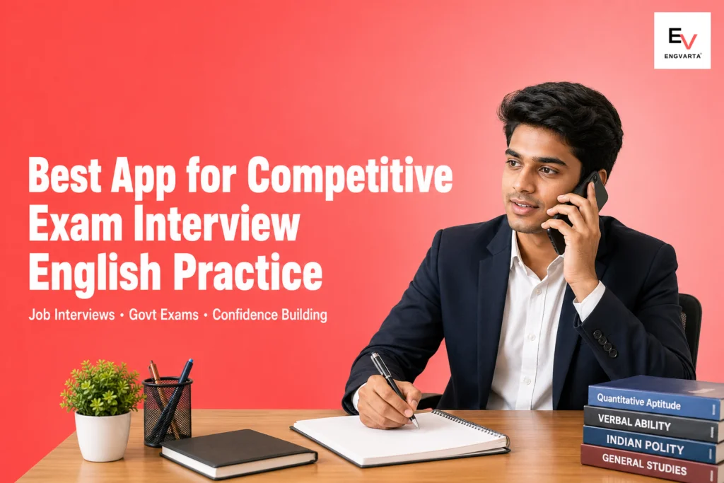 Indian candidate practising English on phone before competitive exam interview — best app for competitive exam interview English practice 2026
