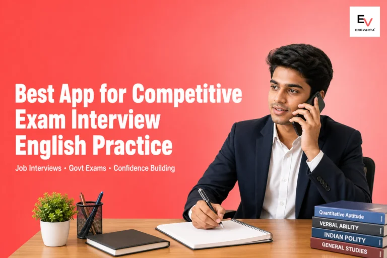 Indian candidate practising English on phone before competitive exam interview — best app for competitive exam interview English practice 2026