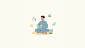 Indian IELTS candidate with notebook and floating microphone shapes — best english speaking app for IELTS speaking practice 2026