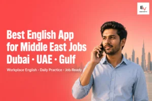 Indian professional with smartphone practising English with Dubai-Gulf skyline — best english speaking app for Middle East jobs 2026