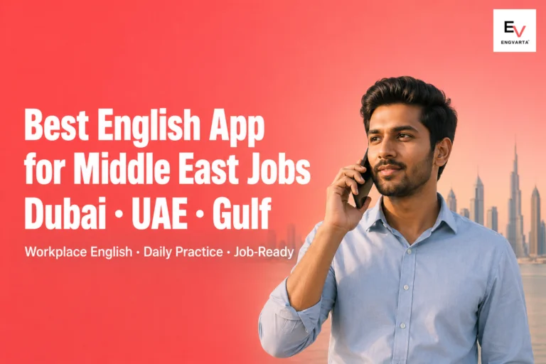 Indian professional with smartphone practising English with Dubai-Gulf skyline — best english speaking app for Middle East jobs 2026