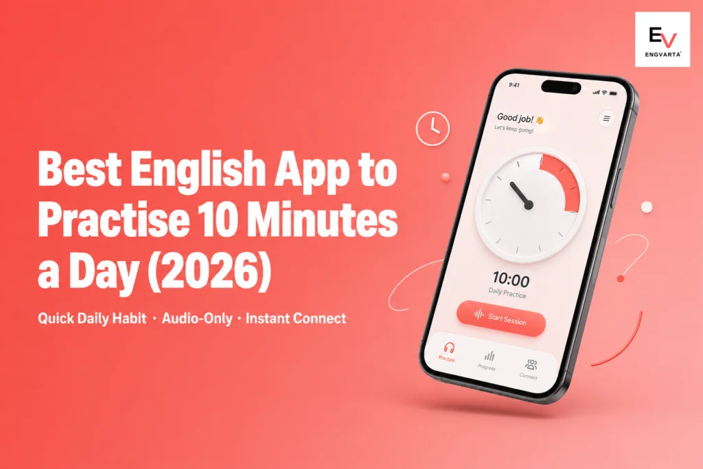 Phone mockup with clock graphic for quick 10-minute daily English practice — best english speaking app to practise 10 minutes a day 2026