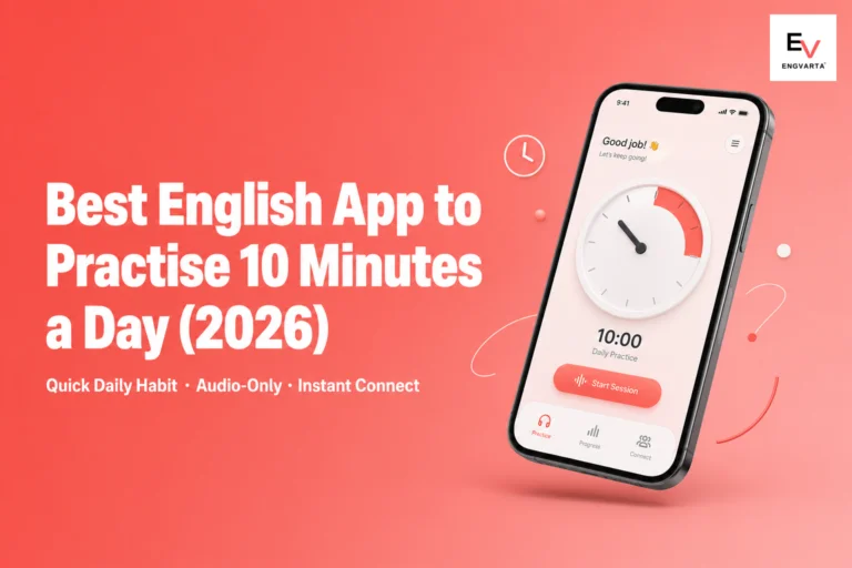 Phone mockup with clock graphic for quick 10-minute daily English practice — best english speaking app to practise 10 minutes a day 2026