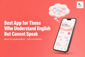 Phone mockup with thought bubble of trapped words representing speaking block — best english app for people who understand english but cannot speak fluently 2026