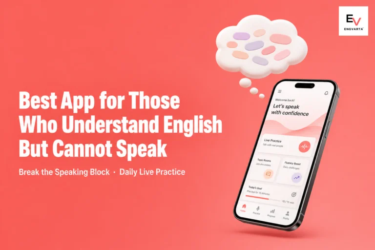 Phone mockup with thought bubble of trapped words representing speaking block — best english app for people who understand english but cannot speak fluently 2026