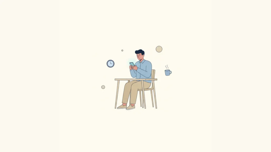 Indian working professional with smartphone and floating clock shapes — best english speaking app for working professionals 2026