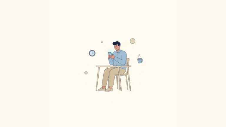 Indian working professional with smartphone and floating clock shapes — best english speaking app for working professionals 2026