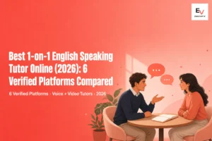 Tutor and learner in a 1-on-1 English speaking session across a small table with notebook and speech bubbles — best 1-on-1 English speaking tutor online 2026 banner showing live mentor-student conversation