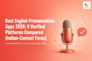 Coral microphone with concentric sound waves radiating outward and a checkmark speech bubble — best English pronunciation apps 2026 banner showing voice-led pronunciation training Indian context