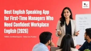 Indian first-time manager leading a team conversation in English — best English speaking app for first-time managers 2026