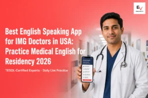 Indian-origin IMG doctor in white coat using smartphone in hospital corridor — best English speaking app for IMG doctors in USA 2026