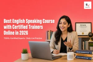 Indian-origin TESOL-certified English teacher at desk with laptop and certificate frame — best English speaking course with certified trainers online 2026