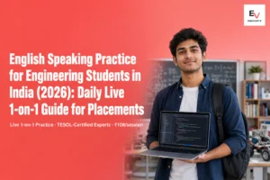 Confident Indian engineering student holding laptop with code in college campus — English speaking practice for engineering students 2026