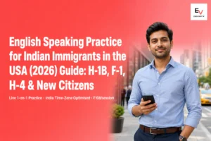 Confident Indian immigrant professional in American urban setting with smartphone — English speaking practice for Indian immigrants in USA 2026