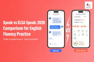 Two phone mockups with VS divider showing AI conversation app vs pronunciation app — Speak vs ELSA Speak comparison 2026
