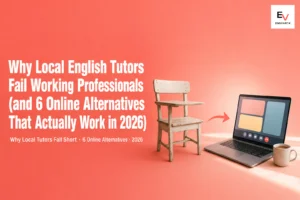 Empty wooden classroom chair with arrow pointing to modern laptop showing a 1-on-1 video call UI and coffee cup — why local English tutors fail working professionals 2026 banner showing pivot from local coaching to online alternatives