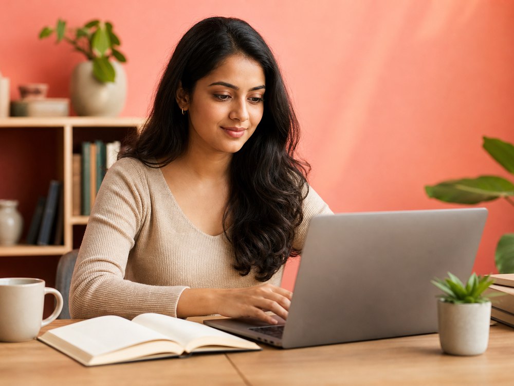 Indian writer typing on a laptop at a warm coral-toned desk — writing for the EngVarta English learning blog